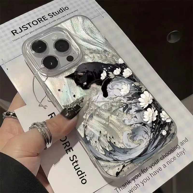 Schwarze iPhone Hülle mit Birnenblüten und silberner Feder-Seidenstruktur für Apple iPhone 17 bis 7 Modelle - Bild 3