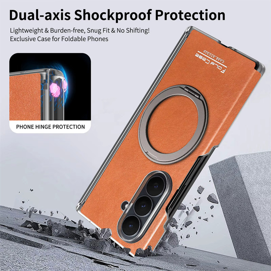 Retro Leder Handyhülle für Samsung Galaxy Z Fold 7 6 5 mit 360 Grad drehbarem Ringhalter und magnetischer kabelloser Ladefunktion in Schwarz - Bild 6