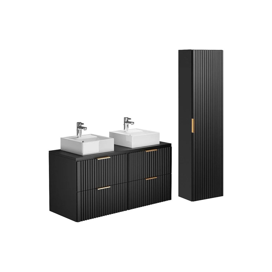 Vente-unique Badmöbel-Set Zevara Schwarz mit Waschbeckenunterschrank, Aufsatzwaschbecken und Badhochschrank in Streifenoptik, Breite: 120 cm - Bild 2