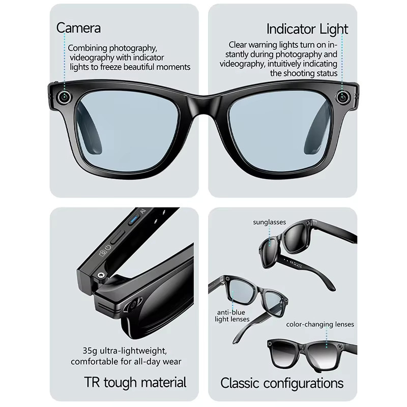 OUIO Intelligente KI-Übersetzungsbrille mit 4K-Kamera, Bluetooth, Objekterkennung und Musikanruf in Schwarz oder Blau - Bild 3