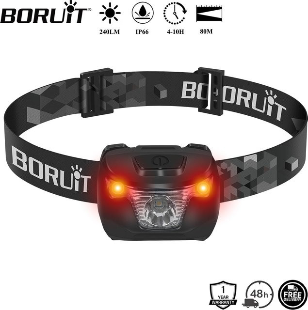 BORUiT BR01 LED-Mini-Stirnlampe in Weiß und Rot mit 240 lm, wasserdichte 4-Modus-Taschenlampe für Camping und Angeln, betrieben mit AAA-Batterie - Bild 1