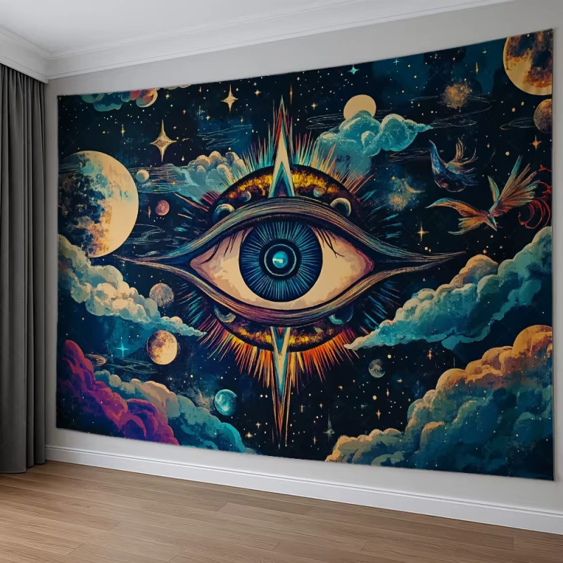 VIKAMA Wandbehang mit blauem Augen-Motiv, abstrakte Boho-Wandkunst im psychedelischen Design für dein Schlafzimmer oder Festival-Deko - Bild 3