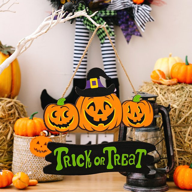 Joy-enlife Halloween-Hängeornamente aus Holz mit Kürbis-Motiv und Text als Tür-Hängeschilder für deine Party, B/H: 30,0 x 23,0 cm - Bild 1