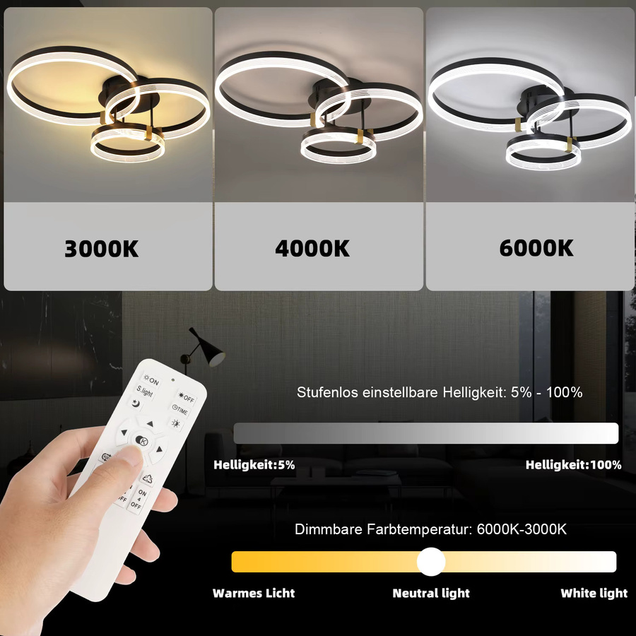 Oyajia LED-Deckenleuchte mit 3 Ringen, dimmbar, 42 W, 3-farbiges Licht mit Fernbedienung, Durchmesser: 70 cm - Bild 2