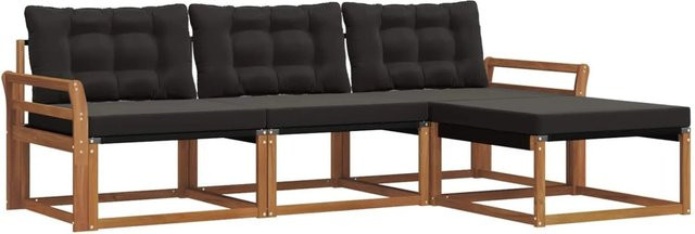 vidaXL Outdoor-Sofagarnitur L-Form aus Akazienholz mit Polstern und Ottoman, 4-teiliges Set in Braun und Schwarz - Bild 1