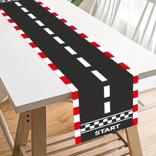 JINGYUE Pet Tischläufer aus Leinen mit Rennstrecke-Design in Schwarz Rot, B/L: 150 x 33 cm - Bild 1