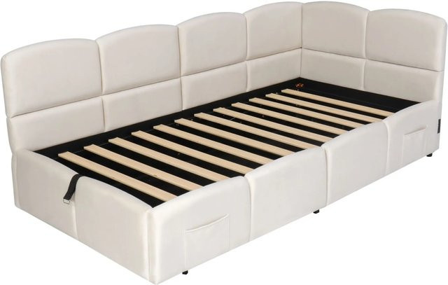 okwish Polsterbett aus Samt in Beige mit Bettkasten, USB-Anschluss und Nachttischregal, B/T/H: 90 x 200 x 100 cm - Bild 1