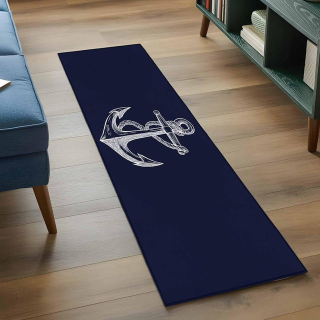 Lodestar Läufer Teppich Maritimes Design mit Anker und Streifen, Blau, Rutschfest, B/T: 50 x 150 cm - Bild 1