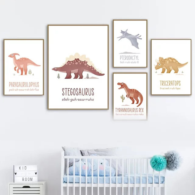 Potdemiel Boho Wandkunst Leinwand mit Cartoon Dinosaurier und Alphabet für das Kinderzimmer, Mehrfarbig - Bild 1