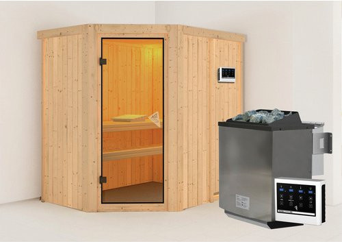 KARIBU Vijandi Bio-Kombi-Sauna für 3 Personen mit 9 kW Saunaofen und externer Steuerung, beige - Bild 1