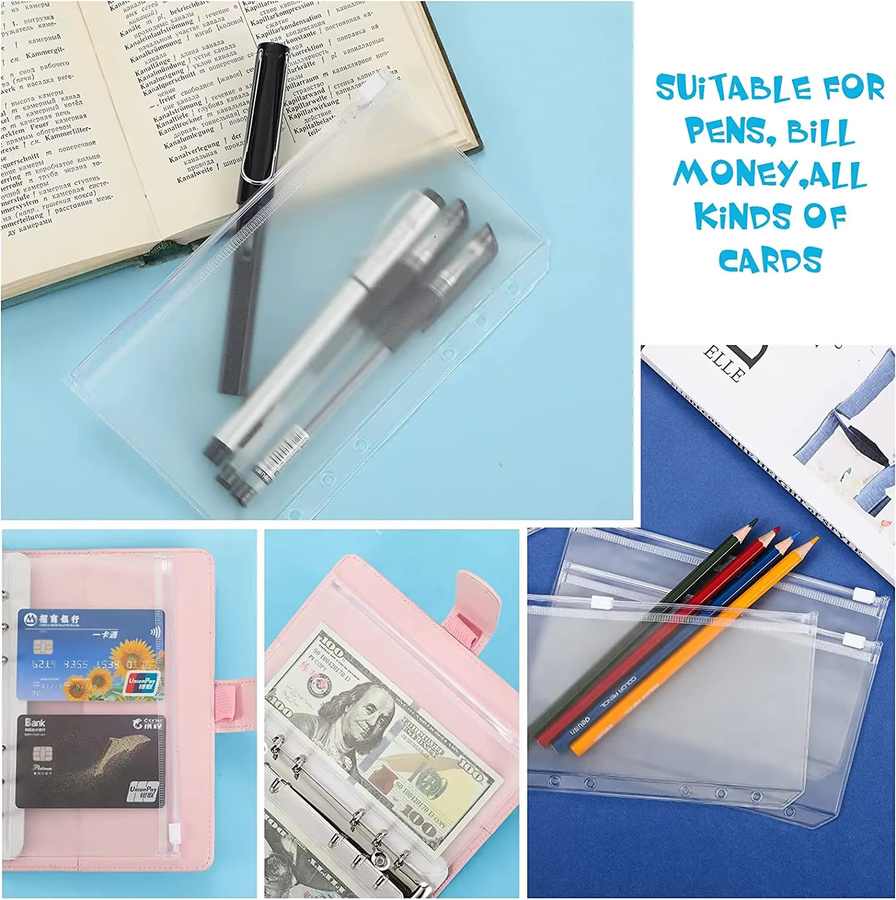 Wasserdichte PVC Ordnertaschen mit Reißverschluss und 6-Loch-Einstichung für A6 Planer und Notizbücher, Transparent - Bild 2