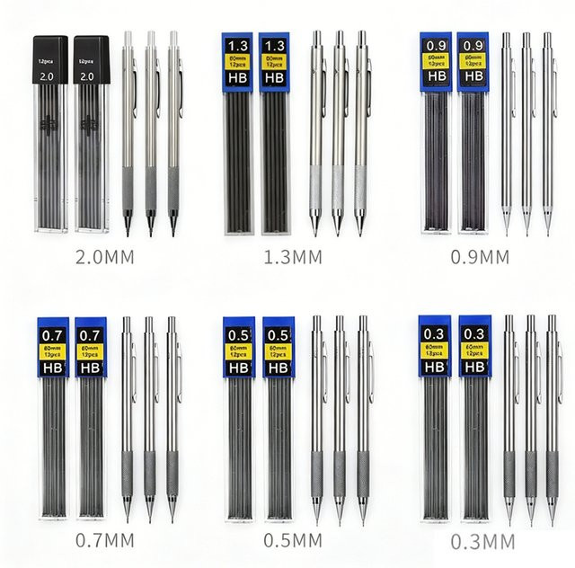 Vollmetall Druckbleistift-Set in Silber mit HB Graphitminen für Kunst und Büro, Größen 0,3 mm bis 2,0 mm - Bild 1