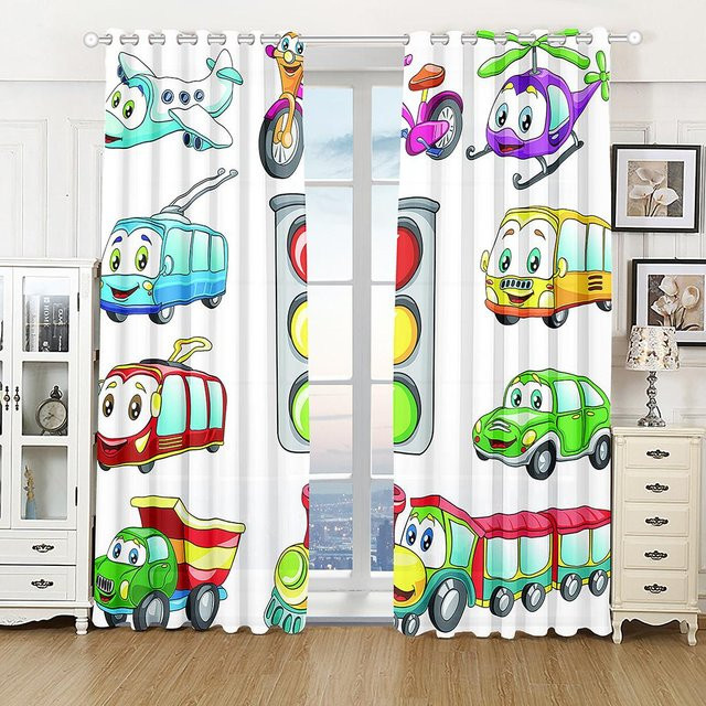 Yiran Furniture Kinder Vorhänge mit Cartoon Auto Lkw und Bagger Motiv, 2er Set, Multicolor, B: 50 cm, H: 130 cm - Bild 1