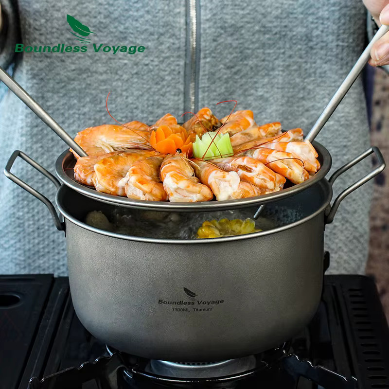 Boundless Voyage Camping-Kochtopf Set aus Titan in Silber, multifunktionaler Dampfgarer, Suppentopf und Bratpfanne mit Deckel, Ti2057C - Bild 2
