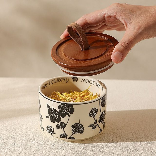 Luftdichtes Keramik-Vorratsglas mit Rosen-Design in Schwarz und Weiß, versiegelter Behälter für Tee, Kaffee oder Zucker - Bild 1
