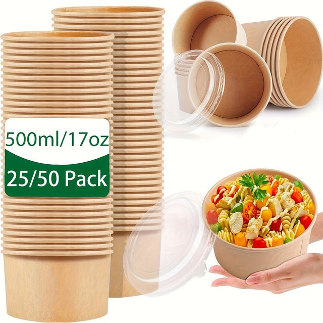 Einweg Papierschalen mit Deckel für Suppen und Salate, 500 ml, 50er-Pack - Bild 1
