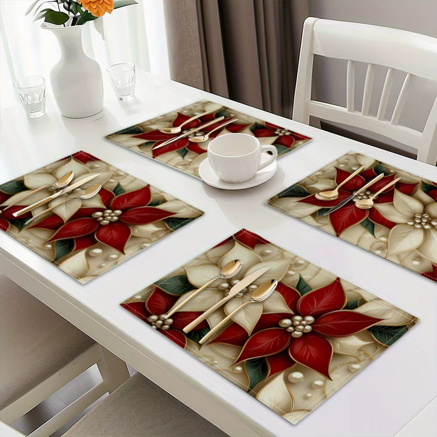 VIKAMA 4-teiliges Weihnachts-Tischset mit Blumenmuster und goldenem Besteck für deine festliche Tischdekoration - Bild 2