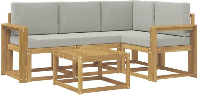 vidaXL Outdoor-Sofagarnitur 5-teilig in L-Form aus Akazienholz mit Polsterung in Weiß und Hellgrau, B/T/H: 59 x 59 x 37 cm - Bild 1