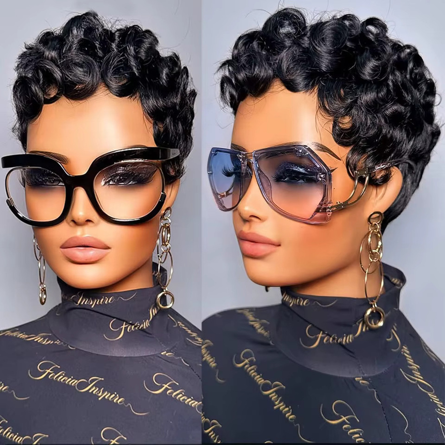 Cindi Leive Perücke, Pixie-Schnitt, schwarz, lockig, brasilianisches Remy-Haar, 150 % Dichte, Damen - Bild 4