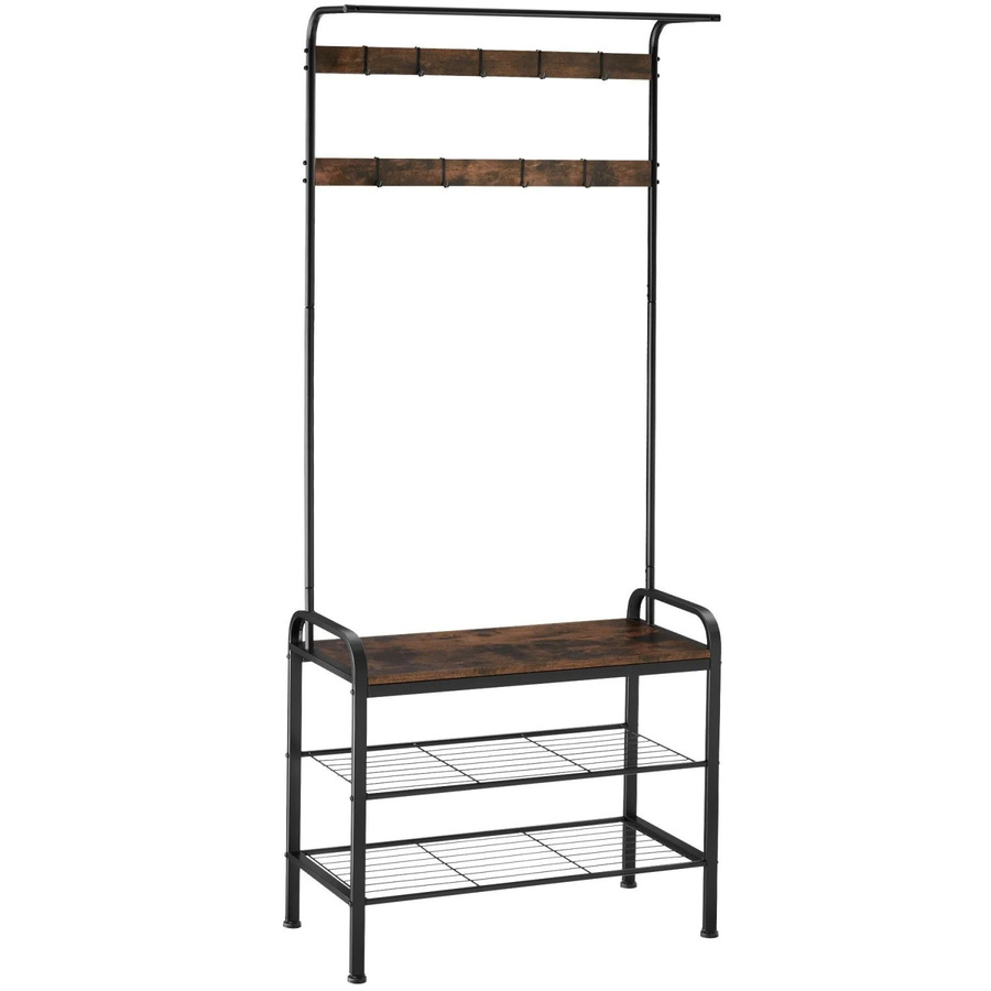 tectake Garderobenständer Wichita Industrial Style mit Sitzfläche, 9 Haken und 2 Gitterablagen, Farbe Braun, B/T/H: 73,5 x 36 x 184 cm - Bild 2