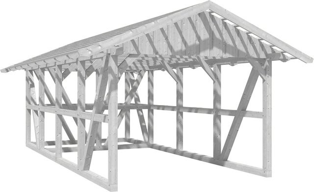 Skan Holz Carport Schwarzwald aus Fichtenholz mit Satteldach, Dachlattung und Abstellraum, Weiß, B: 424 cm, L: 772 cm - Bild 1