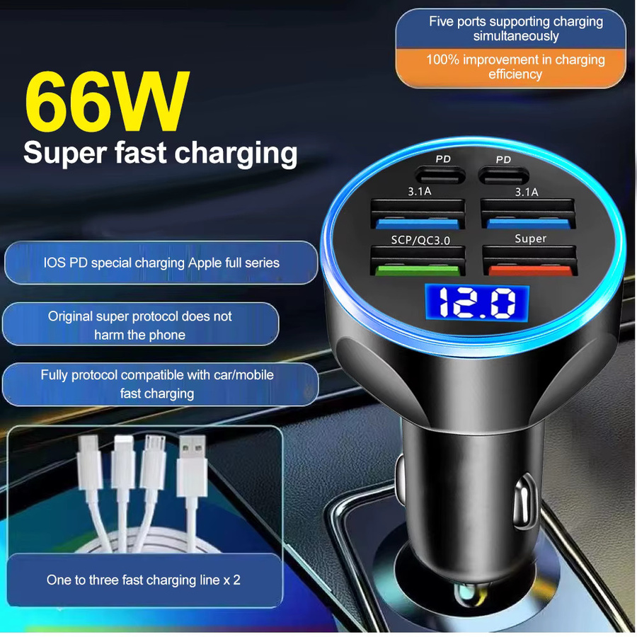 Kebidumei Autoladegerät mit 6 Ports und 66W Schnellladung, Dual PD und USB QC3.0, Zigarettenanzünder-Adapter mit Voltmeter-Anzeige, Schwarz - Bild 2