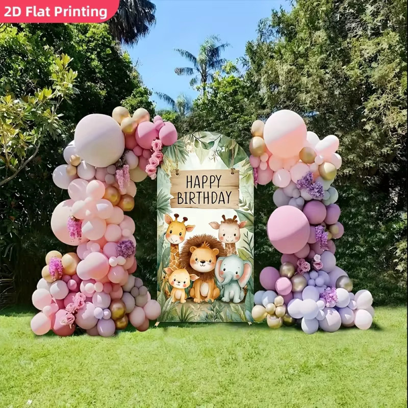 VIKAMA Bogenförmiger Fotohintergrund mit Cartoon-Tieren im Dschungel-Design für Kindergeburtstage, Mehrfarbig - Bild 4