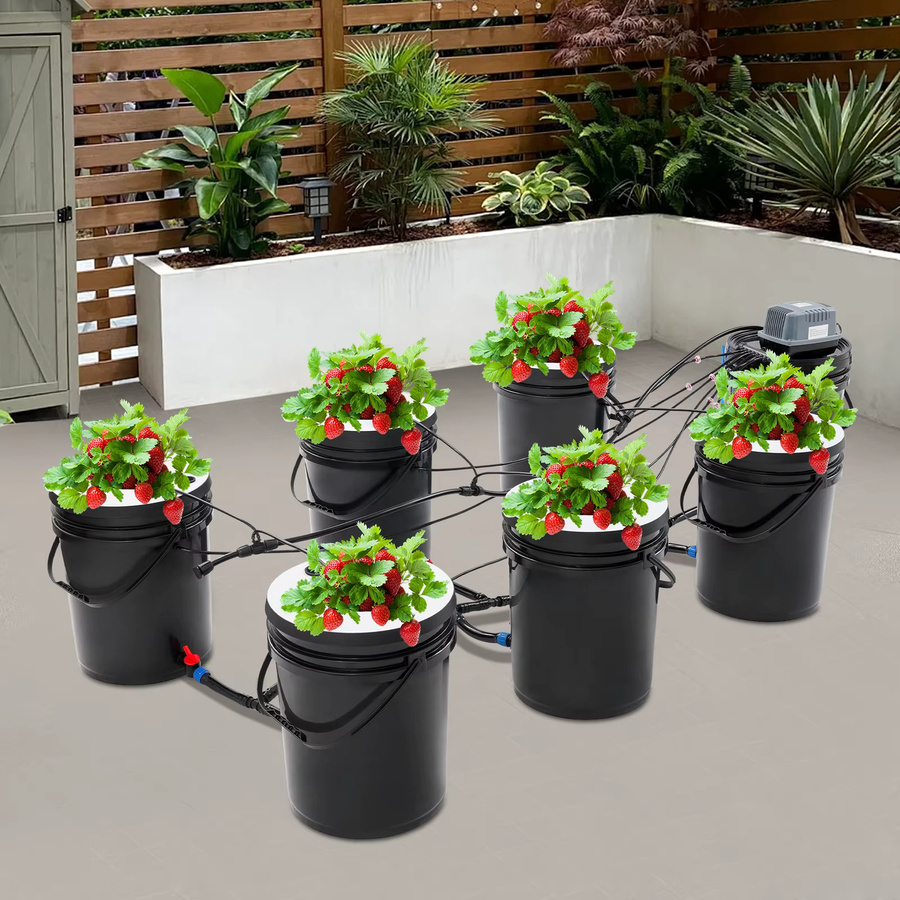 Bymaocar Hydroponisches Eimer-Set für Tiefwasserkultur in Schwarz mit 7 Pflanzeneimern à 20 l und Luftpumpe für den Anbau von Erdbeeren und Salat - Bild 3