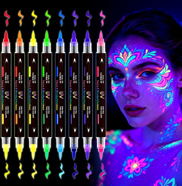 8er-Pack 16-farbige UV-Leuchtmarker in Multicolour, schnelltrocknende Neonfarbmarker mit Doppelspitzen für Graffiti und kreatives Zeichnen, abwaschbar und radierbar - Bild 1