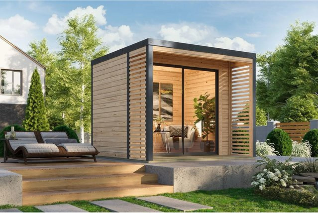 Karibu Gartenhaus Flavio A aus nordischer Fichte in Natur-Anthrazit mit überdachter Terrasse und Massivholzboden, B/T/H: 476 x 380 x 276 cm - Bild 1