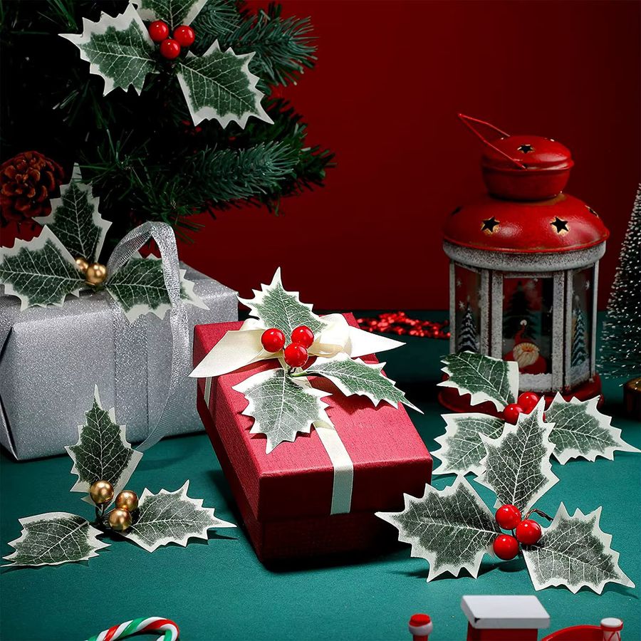 Joy-enlife Künstliche Stechpalmen Beeren mit Blättern in Gold und Rot für Weihnachtsbaumschmuck und Kranz-Arrangements, 10 oder 20 Stück - Bild 2