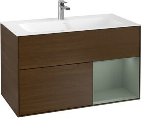 V&B Waschtischunterschrank Finion Reg in Olive Matt Lacquer und Walnuss Furnier mit LED-Beleuchtung und Wandmontage - Bild 1