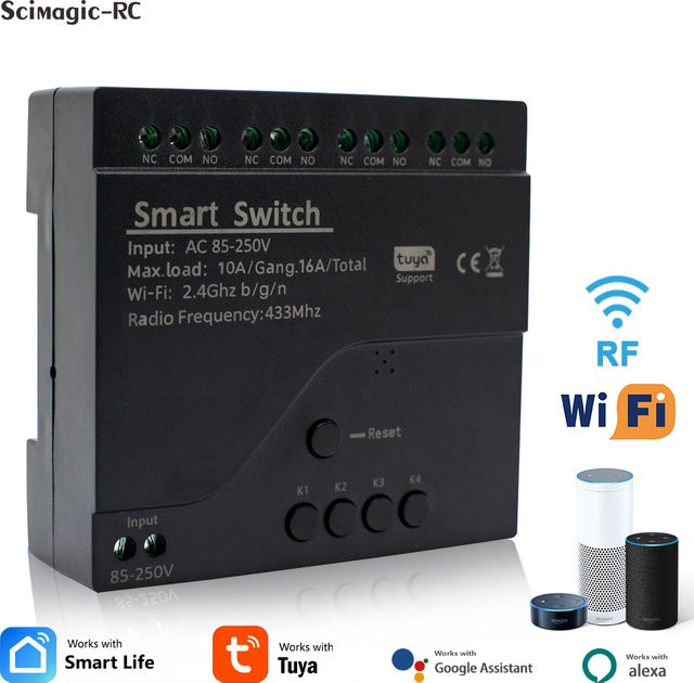 Tuya Smart Wifi Switch 4CH Relais Modul für Alexa und Google Home, Schwarz, 10A, 85-250V AC/7-32V DC - Bild 1
