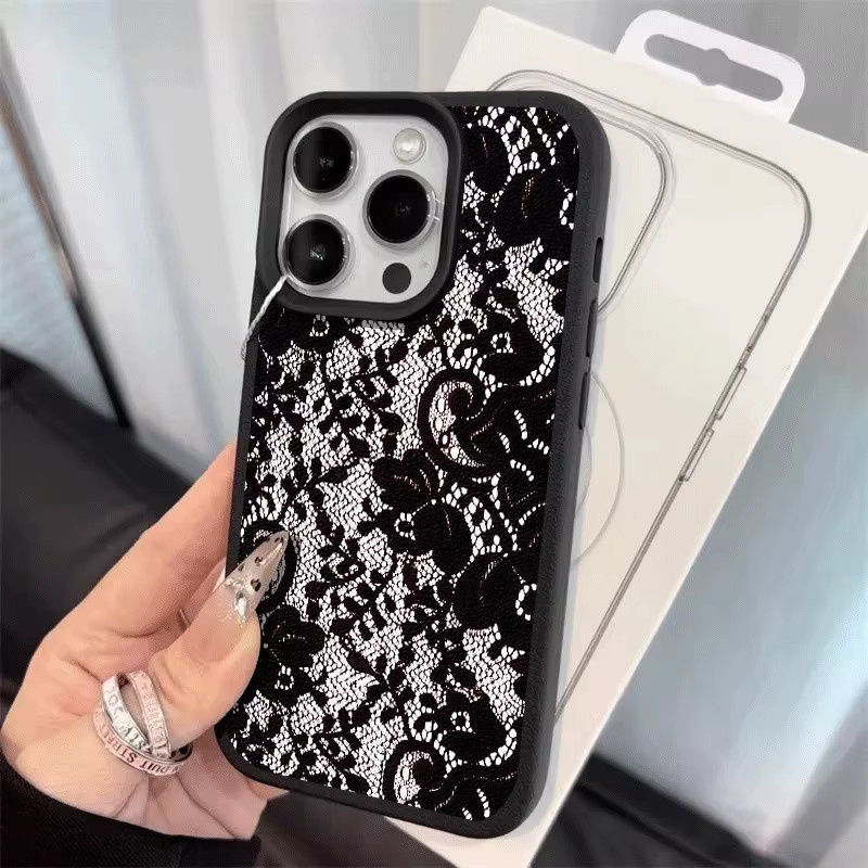 Handyhülle mit schwarzem Spitzenmuster und Lychee-Textur für Apple iPhone 17, 16, 15 Pro Max Plus Serien in Schwarz - Bild 5