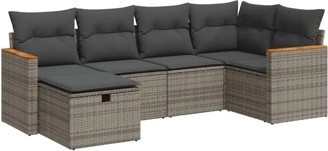 vidaXL 6-tlg. Garten-Sofagarnitur aus Poly-Rattan in Grau mit Kissen und Ottoman für Terrasse und Garten - Bild 1