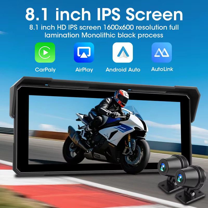 Jansite Motorrad Carplay GPS Navigation mit 5,81 Zoll Display, Drahtlos Android Auto, IPX7 Wasserdicht und Dual Objektiv DVR in Schwarz - Bild 2