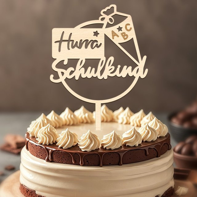 YOMDID Hurra Schulkind Kuchenaufsatz aus Holz in Braun für den Schulanfang und die Partydekoration - Bild 1