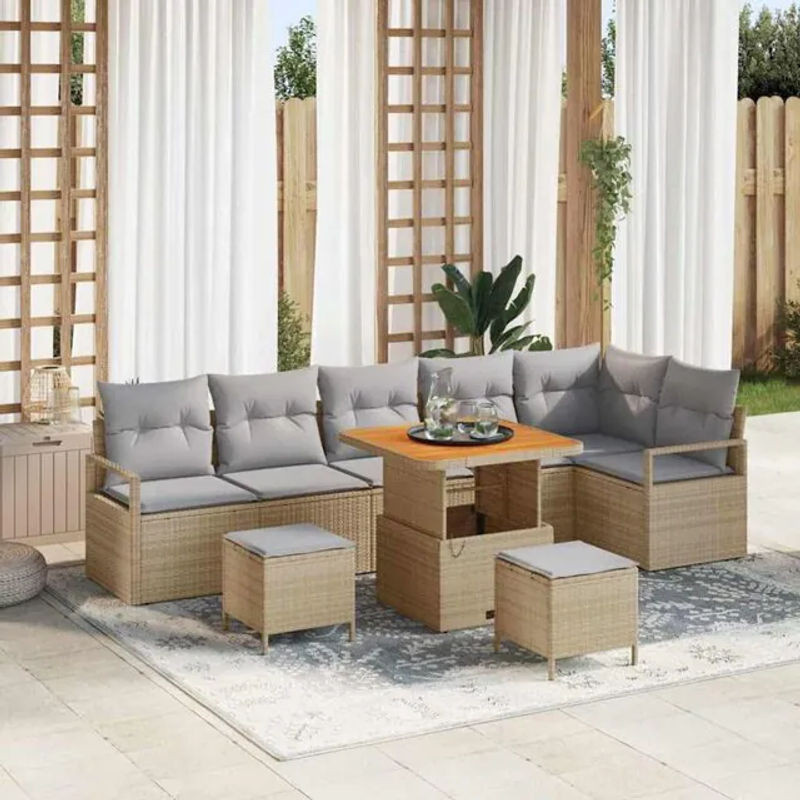 Vidaxl Garten-Sofa-Set aus Polyrattan und Akazie mit 9-teiligem Kissen-Set in Beige - Bild 1
