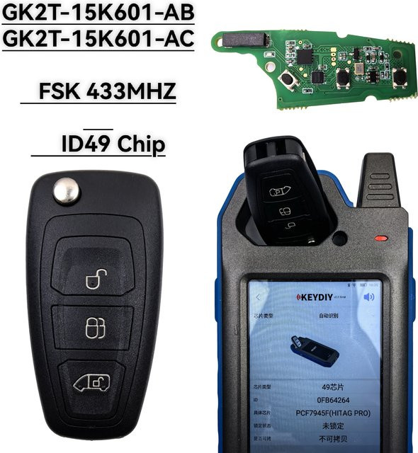 Jingxin 3-Tasten-Autoschlüssel für Ford Transit Custom Tourneo ab 2015 mit ID49 Chip und 434MHz Funkfrequenz in Schwarz - Bild 1