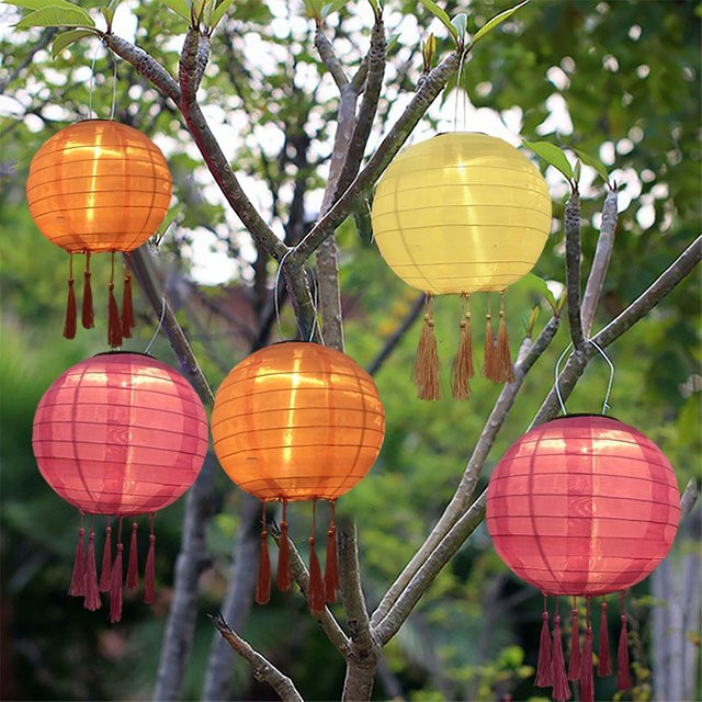 Wasserdichte Solar-Chinesische Laterne aus Stoff in Blau und Mehrfarbig, Hängelampe für Garten und Outdoor-Dekoration, Durchmesser: 30,48 cm - Bild 1