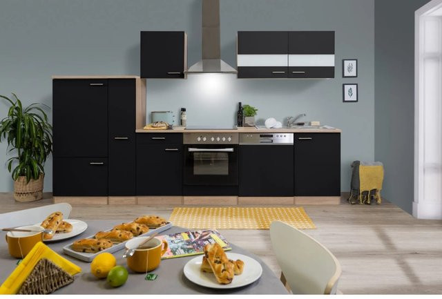 Respekta Küchenzeile KB310ESSC in Schwarz-Eiche Sägerau Nachbildung mit Soft-Close-Türen und Glaselementen, Breite: 310 cm, Tiefe: 54 cm, Höhe: 7 cm - Bild 1