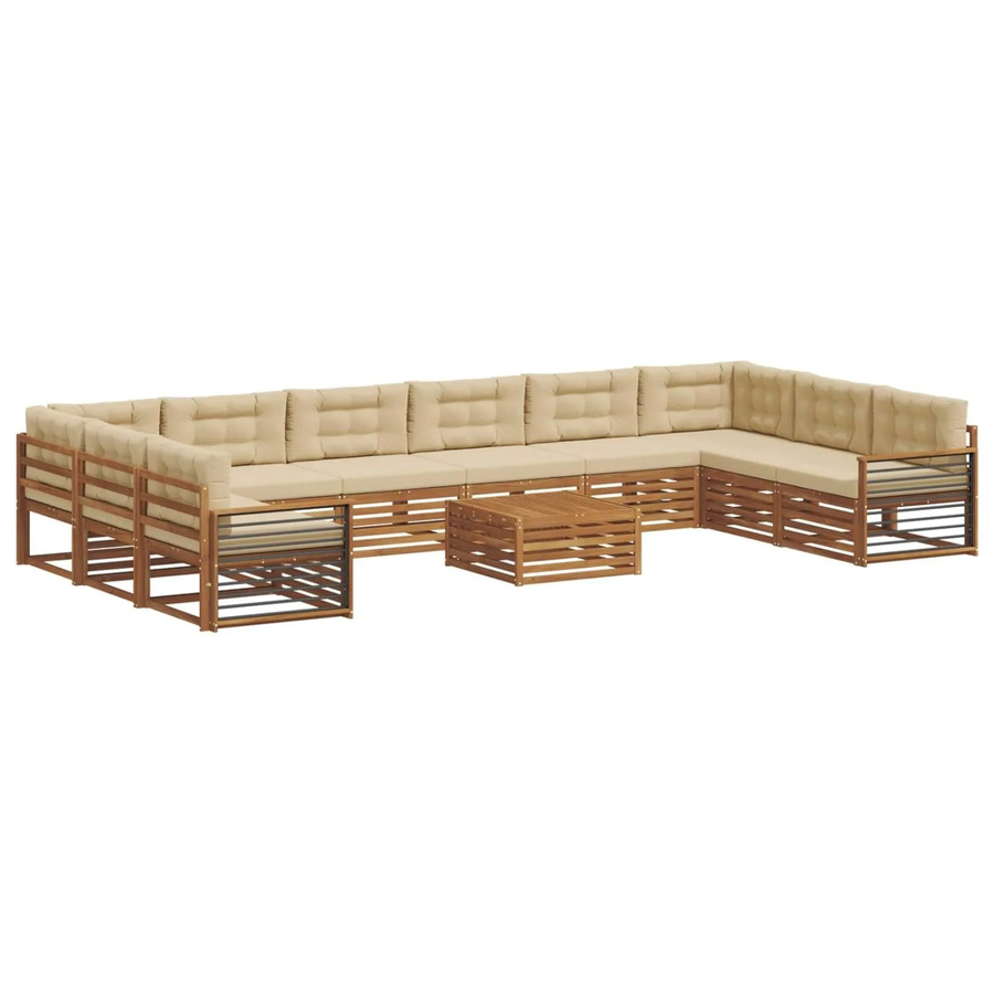 vidaXL Sofagarnitur 11-teilig in U-Form aus Massivholz Akazie, Farbe Natur-Beige, mit Polsterung und Kissen - Bild 2