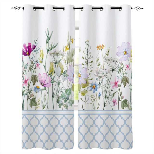 A Family Of Home Textiles Fenstervorhänge mit Frühlingsblumen in Vanille und Multicolour, semi-transparent, modern, B: 50 cm, H: 60 cm, 2er-Set - Bild 1