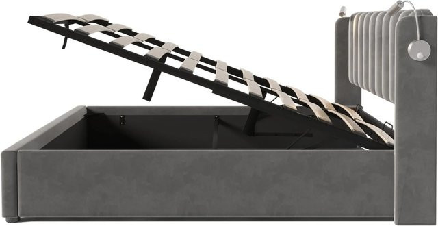 okwish Polsterbett Grau mit Stauraum, Leselicht und USB-Anschluss, B/T/H: 160 x 200 x 103 cm - Bild 1