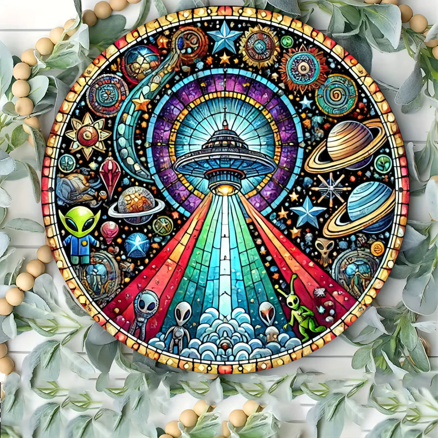 CIFBUY UFO Alien Metall-Wandkunst in bunter Glasoptik, runde Weltraum-Dekoration für dein Zuhause, Breite: 20,32 cm, Höhe: 20,32 cm - Bild 6