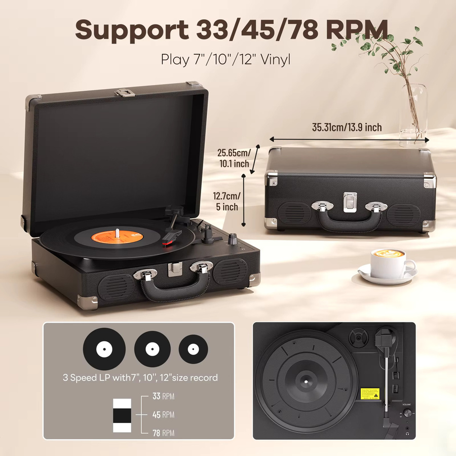 Maio S100 Riemengetriebenes Vintage-Grammophon in Schwarz mit eingebautem Lautsprecher und 3 Geschwindigkeiten für High-Fidelity-Stereo - Bild 4