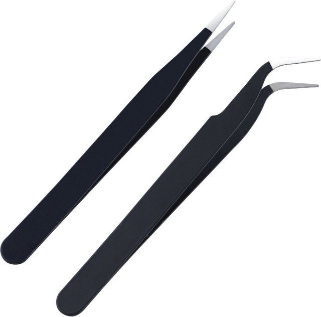 2er-Set Präzisions-Antistatik-Pinzette aus Metall in Schwarz mit gerader und gebogener Spitze für Elektronik und 3D-Druck - Bild 1