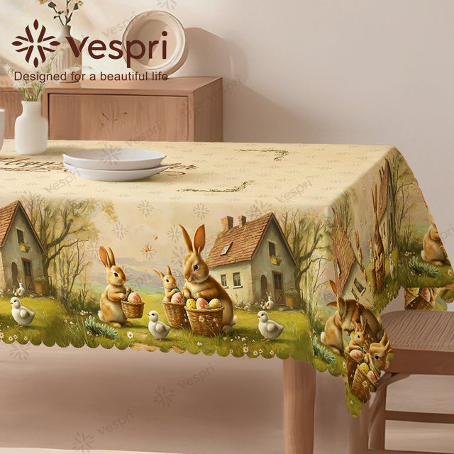 Vespri Oster-Tischdecke Gelb-Weiß mit Hasen- und Entenmotiv aus Polyester für Rundtische - Bild 1