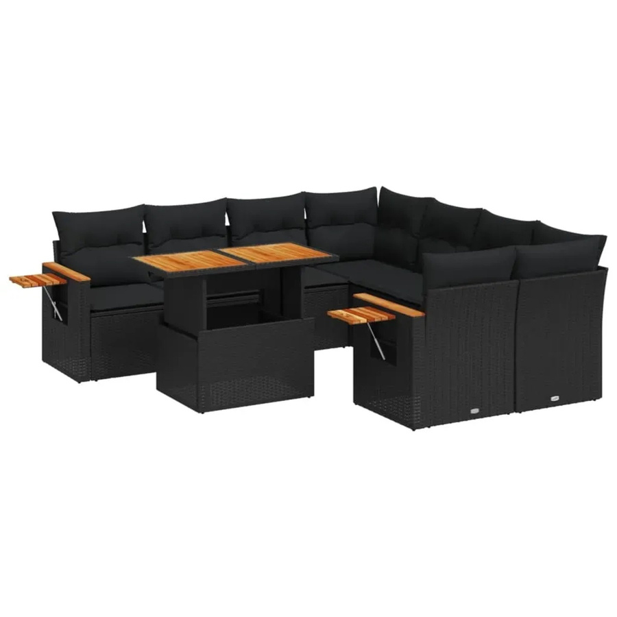 vidaXL 9-teilige Garten-Sofagarnitur in L-Form aus Poly-Rattan und Akazienholz mit Kissen, Schwarz - Bild 2