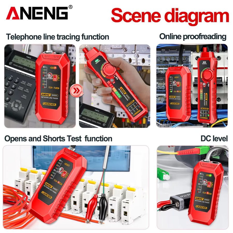 ANENG M469C Smart Netzwerkkabeltester für RJ45 RJ11 LAN und Stromkabel in Rot mit Leitungsverfolgung und DC-Pegelmessung - Bild 4